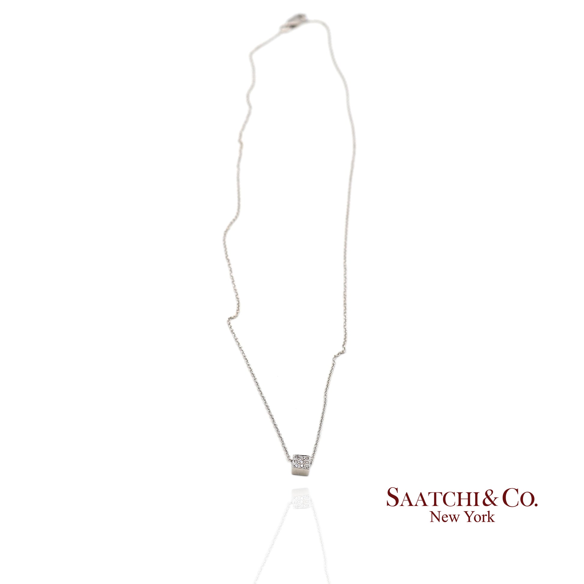 18K(750) White Gold Natural Diamond Square Box Shape Pendant Necklace with Chain