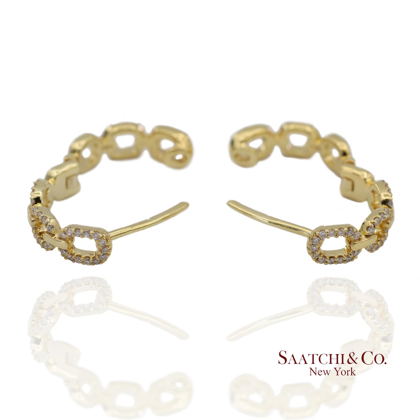 14K(585) Solid Yellow Gold Natural Diamond Link Chain Huggies Earrings