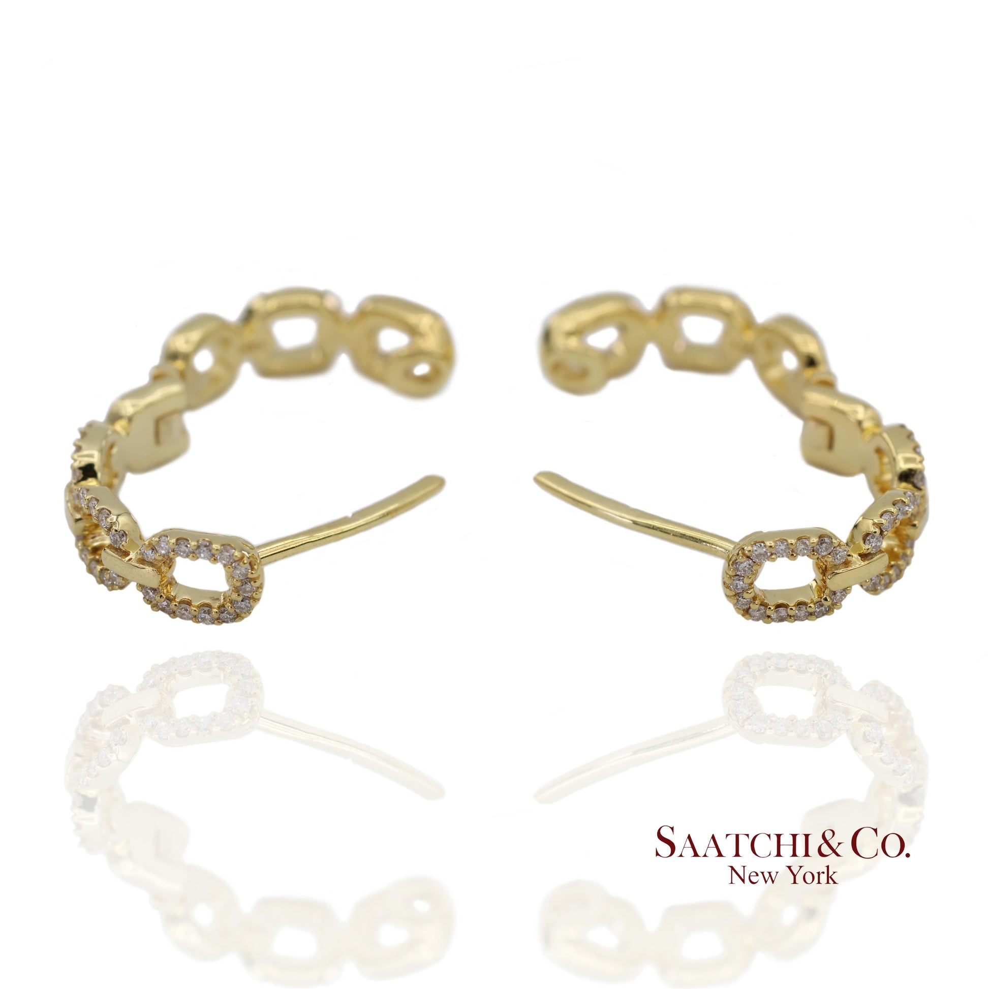 14K(585) Solid Yellow Gold Natural Diamond Link Chain Huggies Earrings