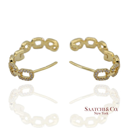 14K(585) Solid Yellow Gold Natural Diamond Link Chain Huggies Earrings