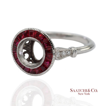 14K (585) White Gold Natural Brilliant Diamond Semi Mount Ruby Ring Size 7