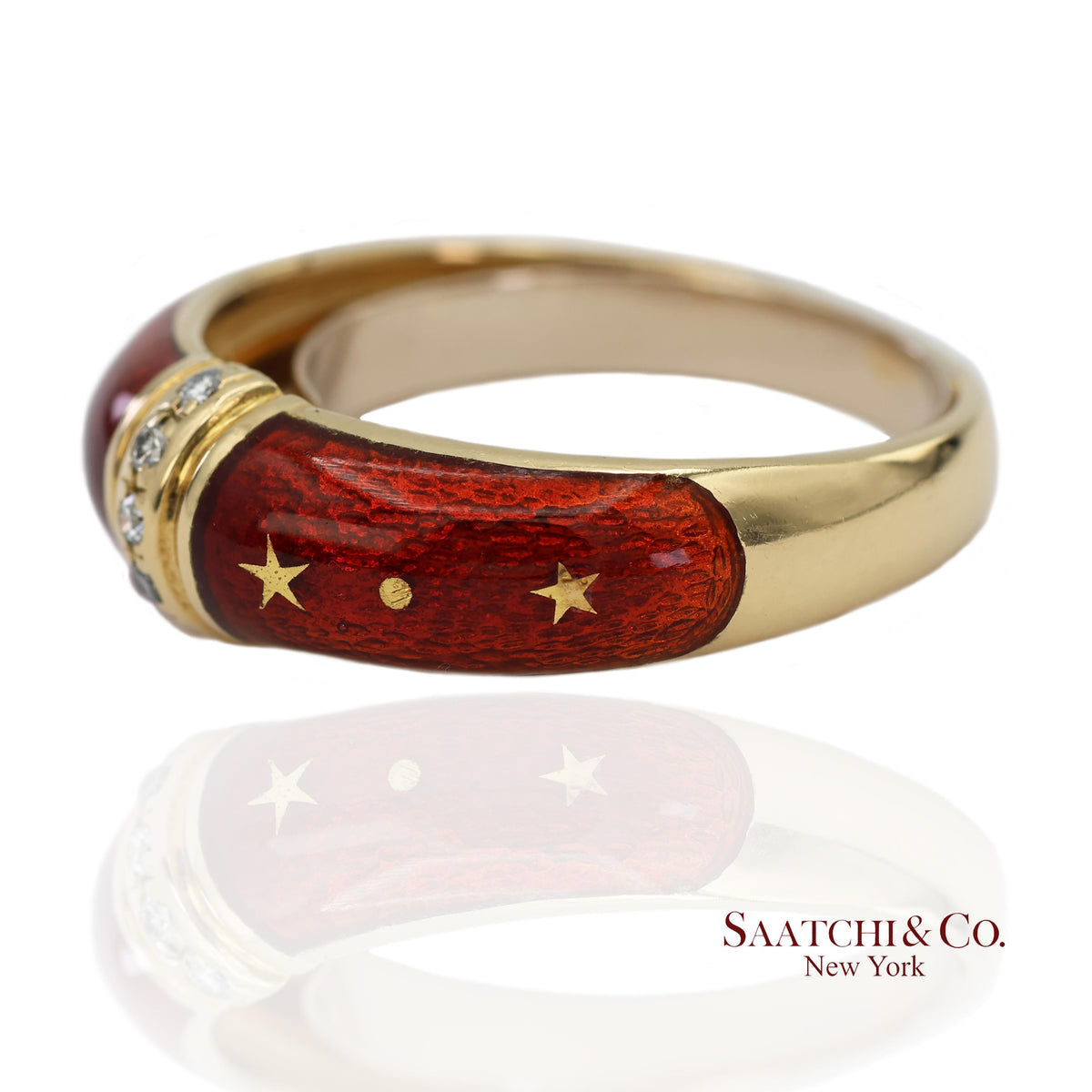 Vintage Faberge 18K (750) Solid Yellow Gold Red Enamel Diamond Ring