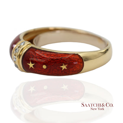 Vintage Faberge 18K (750) Solid Yellow Gold Red Enamel Diamond Ring