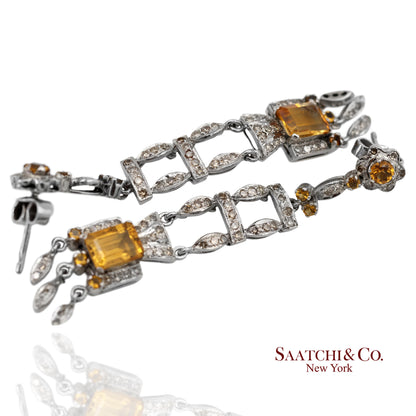 14K(585) White Gold Natural Diamond and Yellow Sapphire Pretty Teardrop Earrings