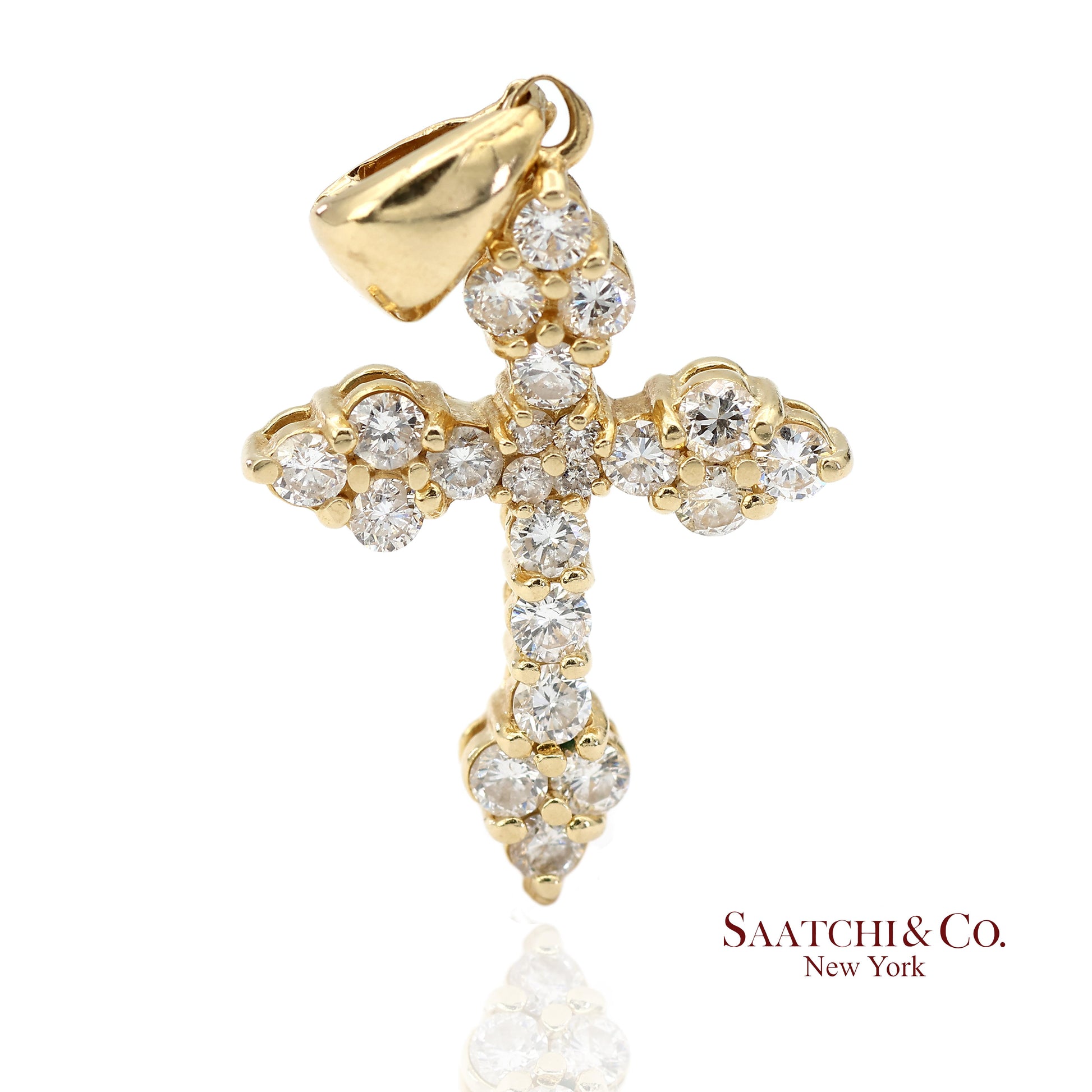 14K(585) Solid Yellow Gold Natural Diamond Cross Pendant Necklace