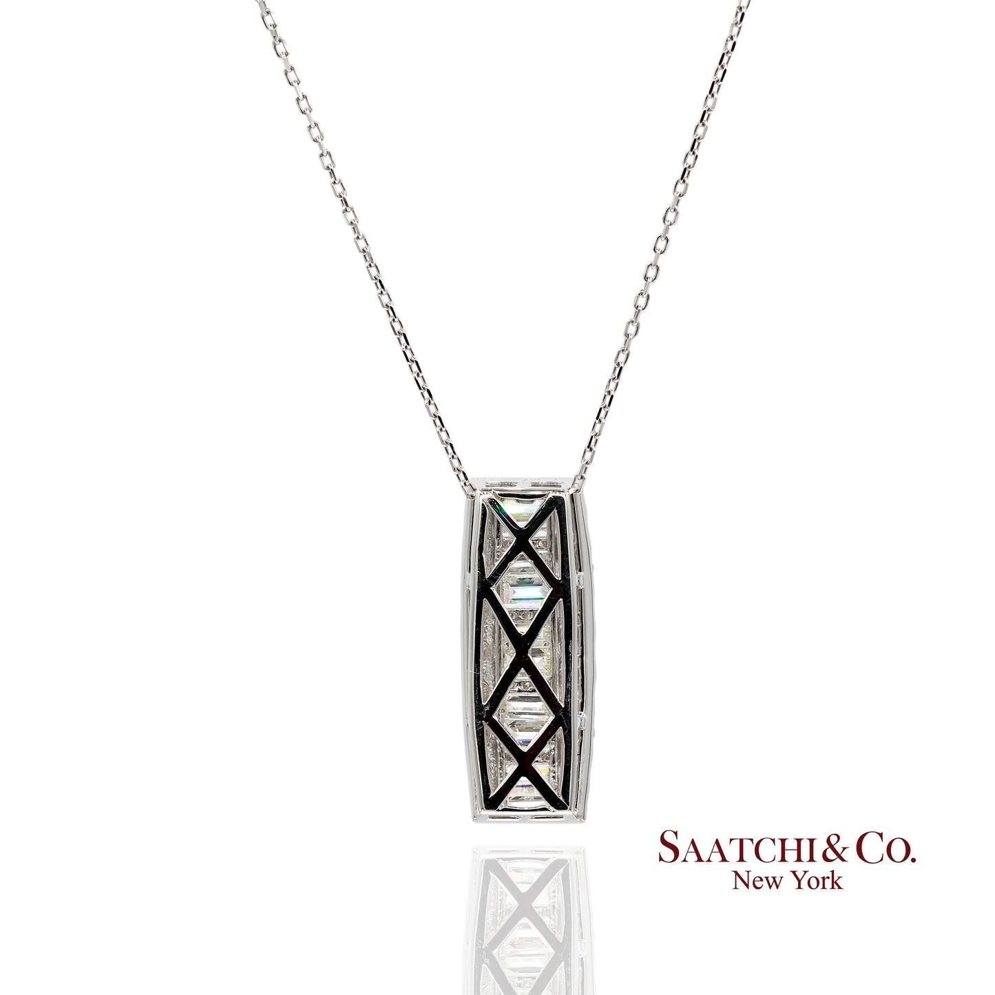 Solid Platinum 900 Baguette & Round Cut Natural Diamond Pendant Necklace