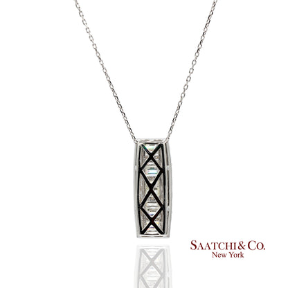 Solid Platinum 900 Baguette & Round Cut Natural Diamond Pendant Necklace