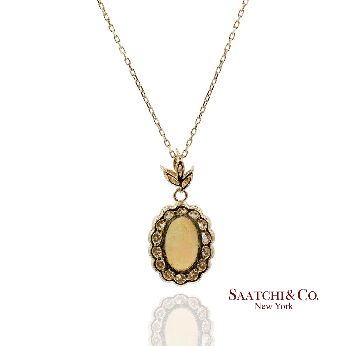 18K 750 Solid Yellow Gold Natural Diamond and Natural Opal Pendant Necklace
