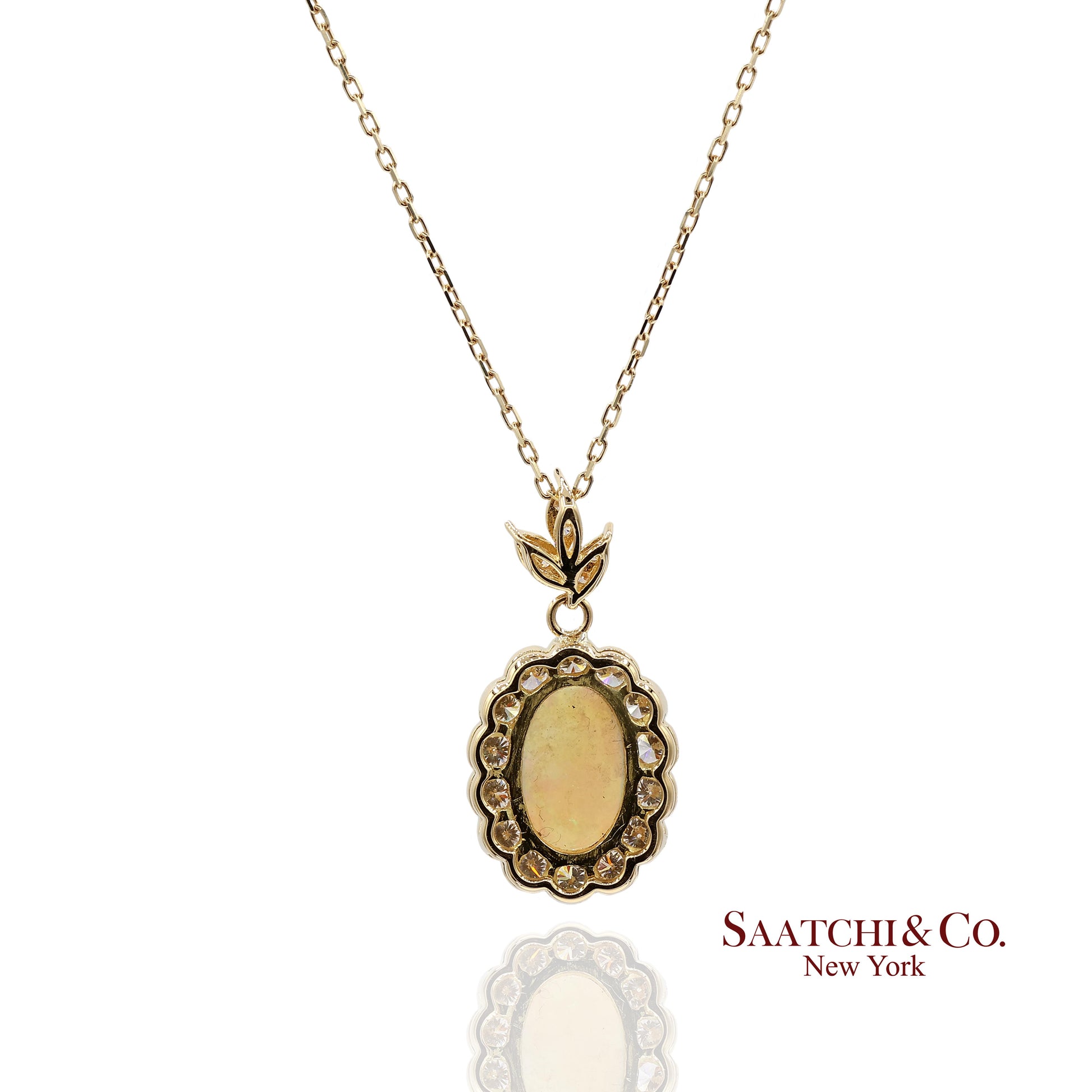18K 750 Solid Yellow Gold Natural Diamond and Natural Opal Pendant Necklace