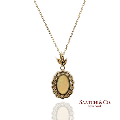 18K 750 Solid Yellow Gold Natural Diamond and Natural Opal Pendant Necklace