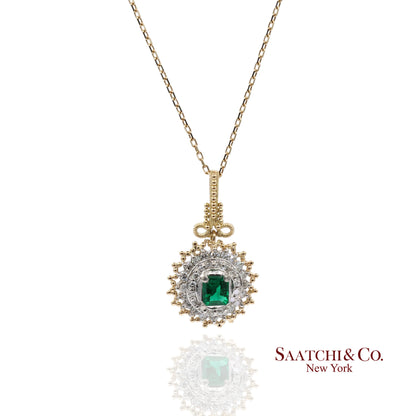 18K 750 Solid Yellow Gold & Platinum 900 Natural Diamond and Emerald Pendant