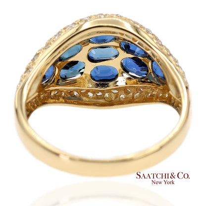 18K 750 Solid Yellow Gold Natural Diamond and Natural Sapphire Ring