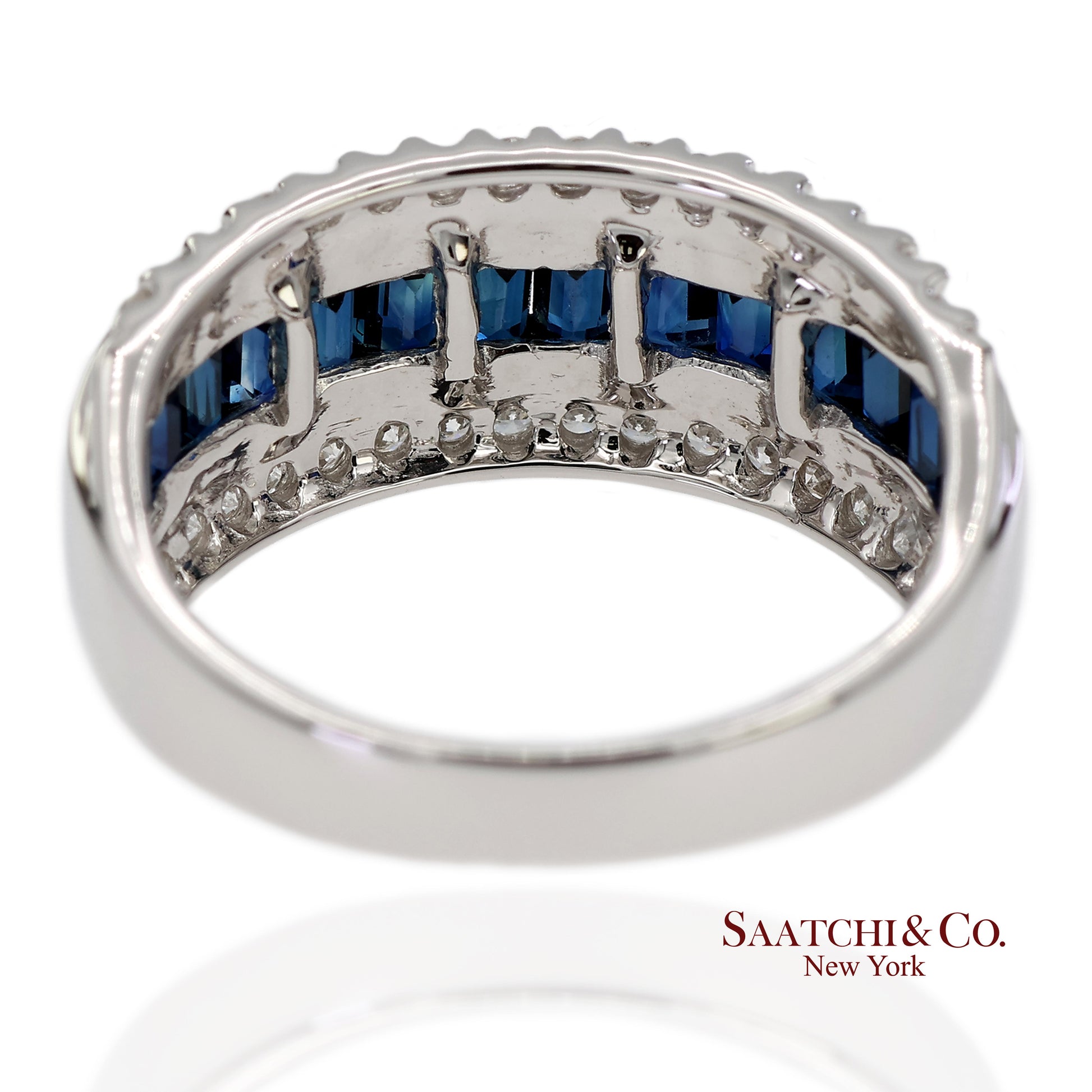 18K 750 Solid White Gold Natural Diamond and Natural Sapphire Band Ring