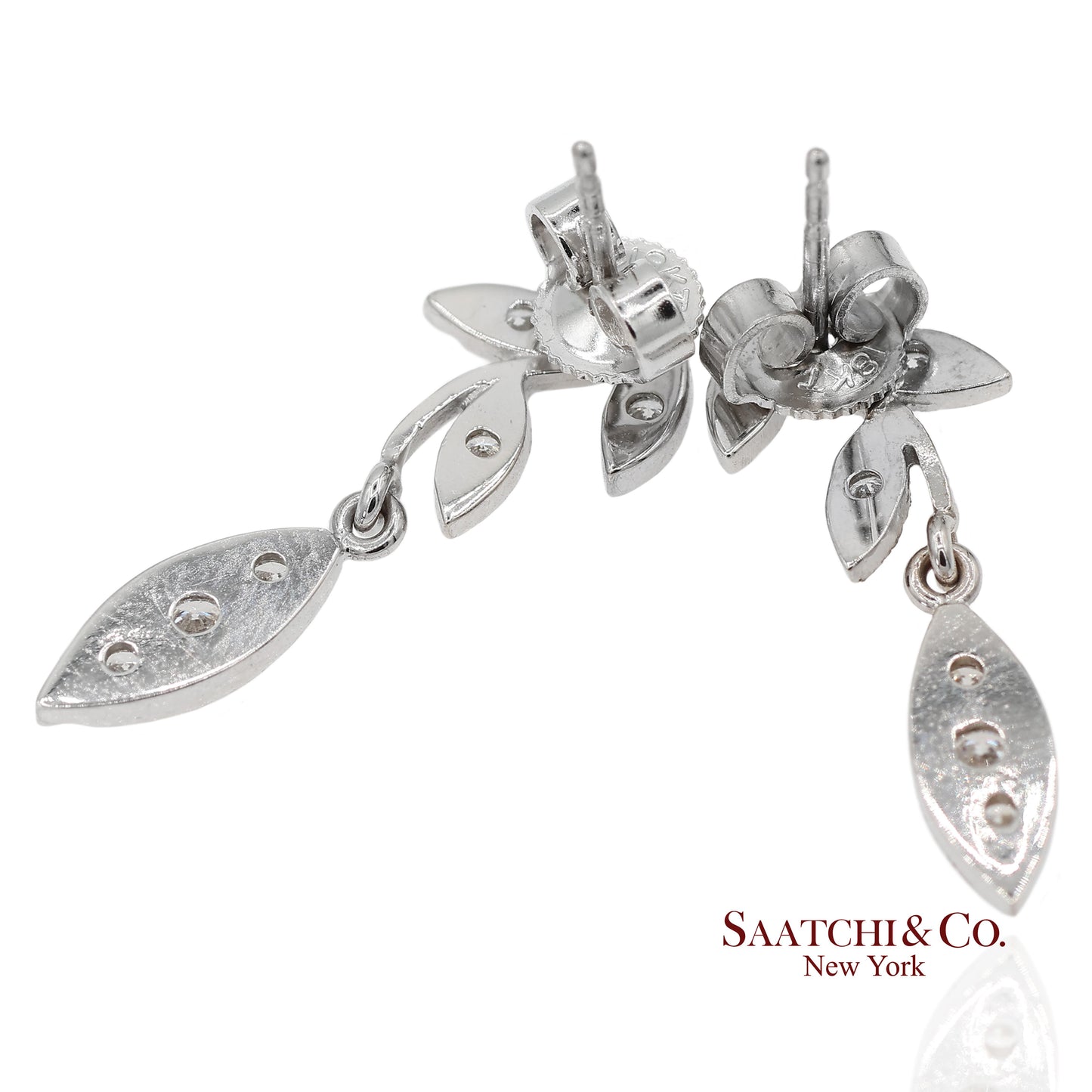 18K 750 Solid White Gold Marquise Shape Natural Diamond Leaf Drop Earrings