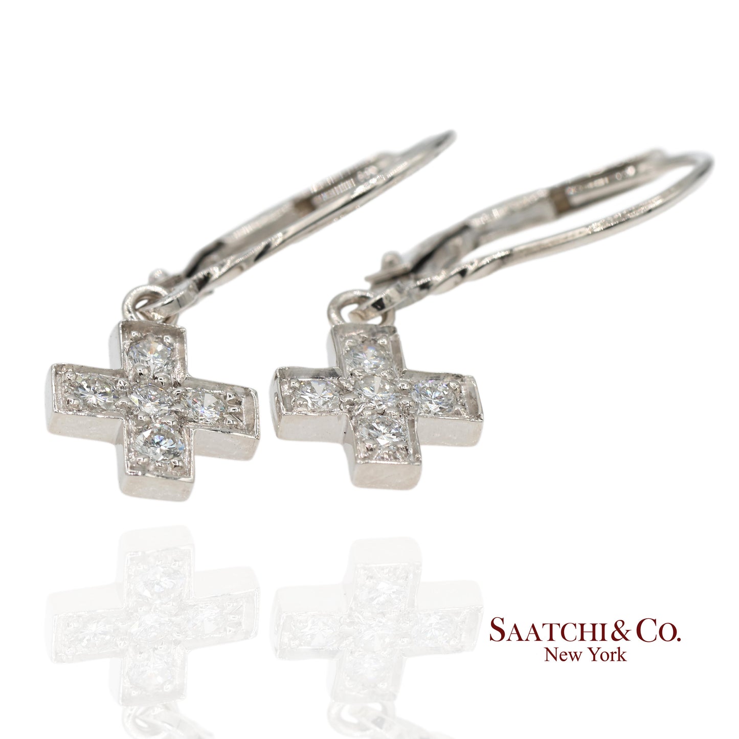 18K 750 Solid White Gold Natural Diamond Drop Hanging Cross Shape Earrings