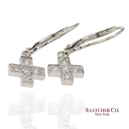 18K 750 Solid White Gold Natural Diamond Drop Hanging Cross Shape Earrings