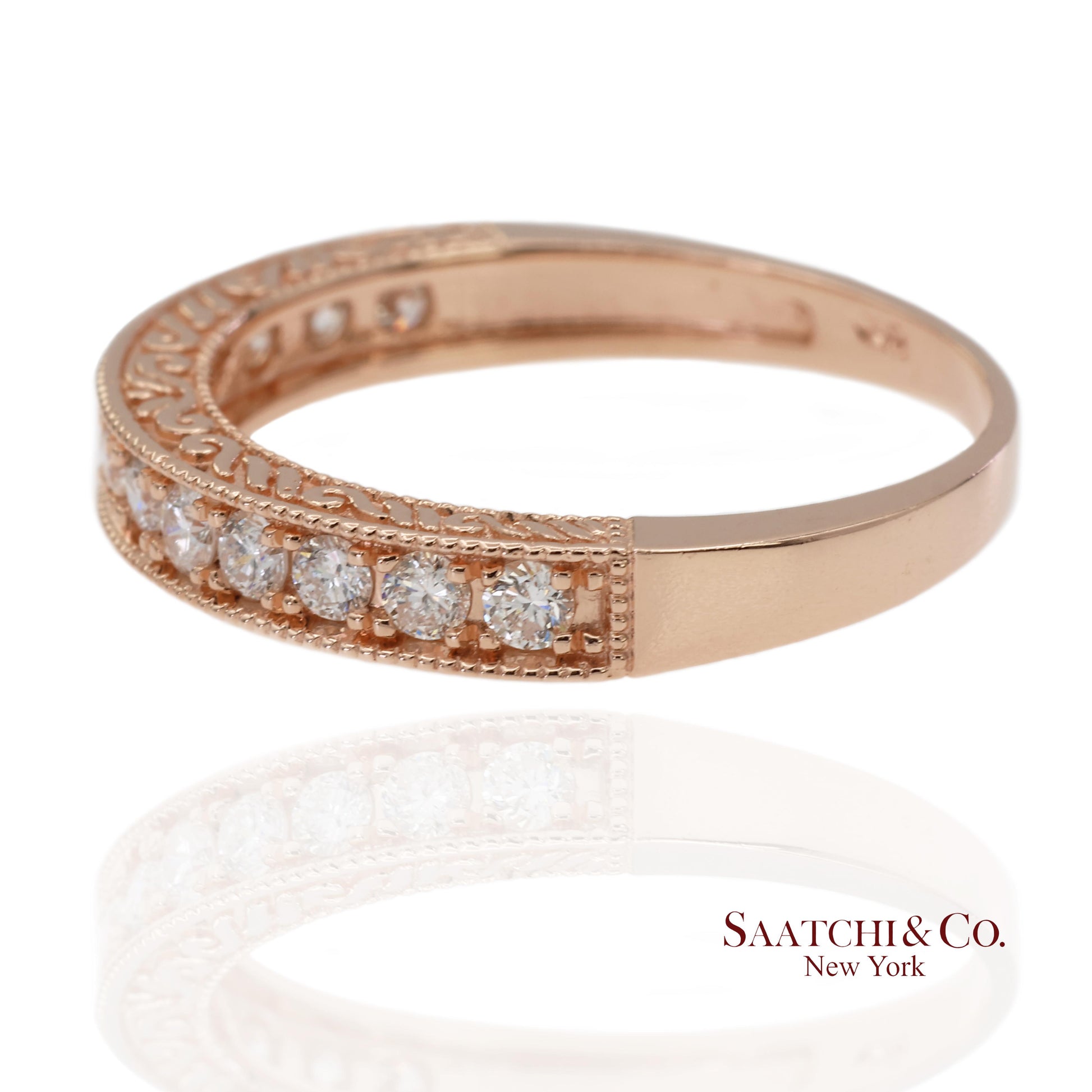 14K 585 Solid Rose Gold Side Engraving Natural Diamond Band Ring