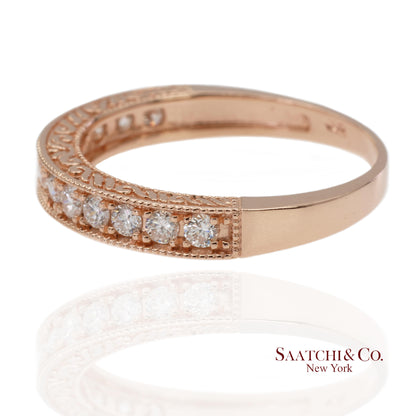 14K 585 Solid Rose Gold Side Engraving Natural Diamond Band Ring