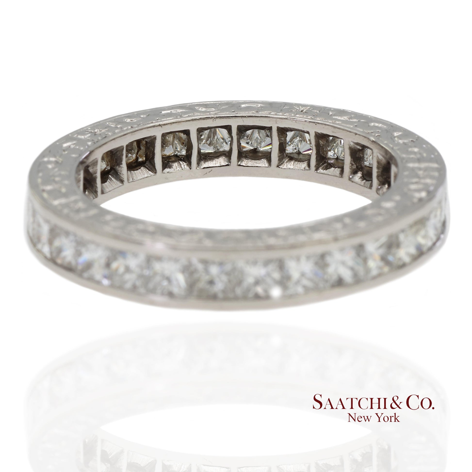 Platinum 950 All Around Natural Diamond Princess Cut Engraving Band Ring