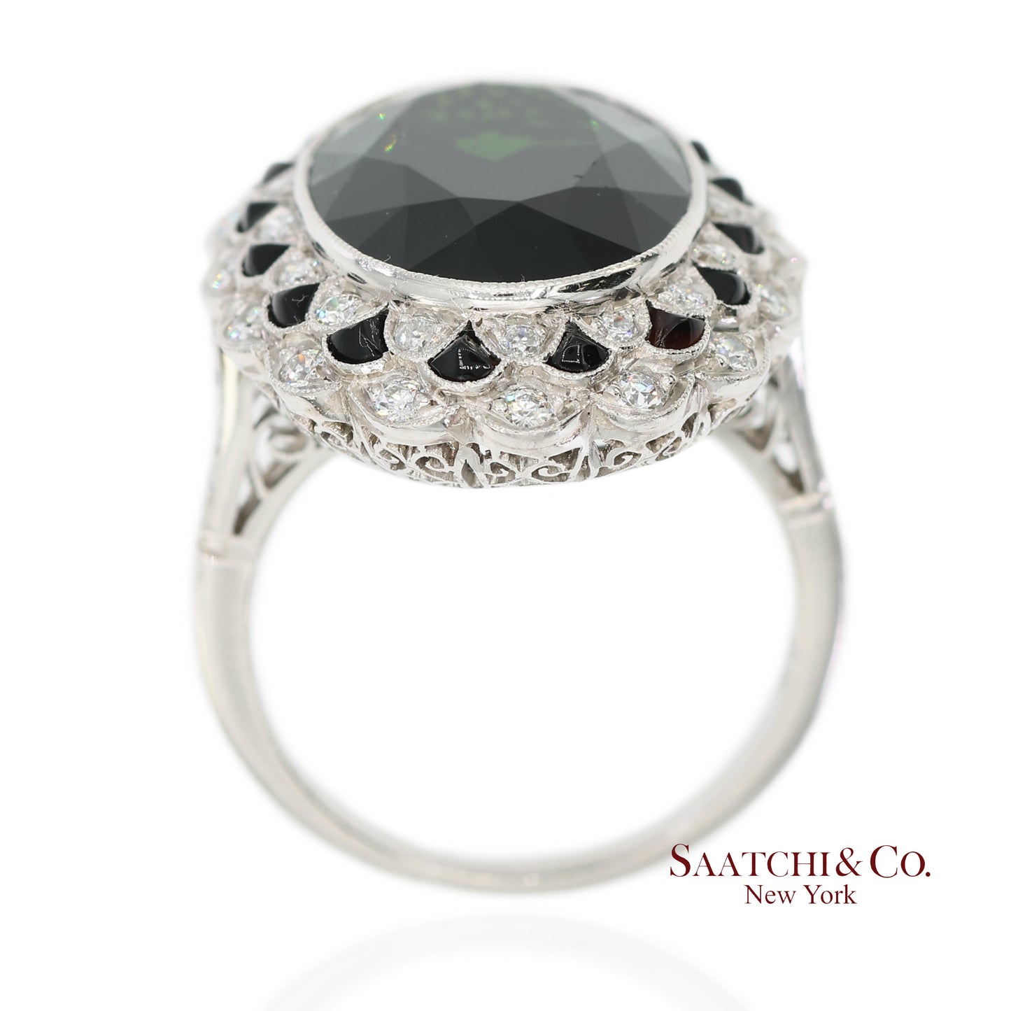 Vintage Platinum 950 Milgrain Natural Diamond and Tourmaline Ring