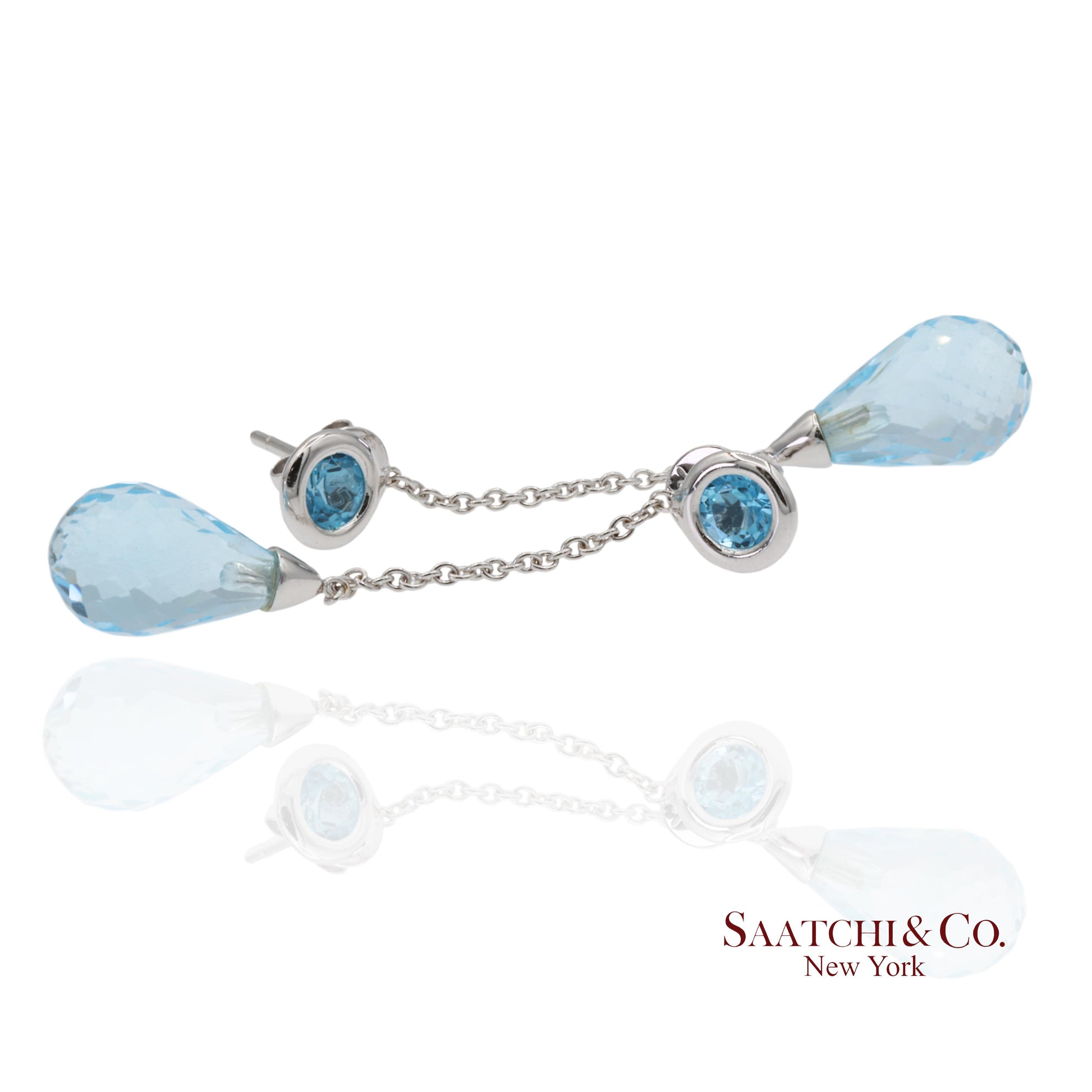 18K 750 Solid White Gold Blue Topaz Drop Earrings
