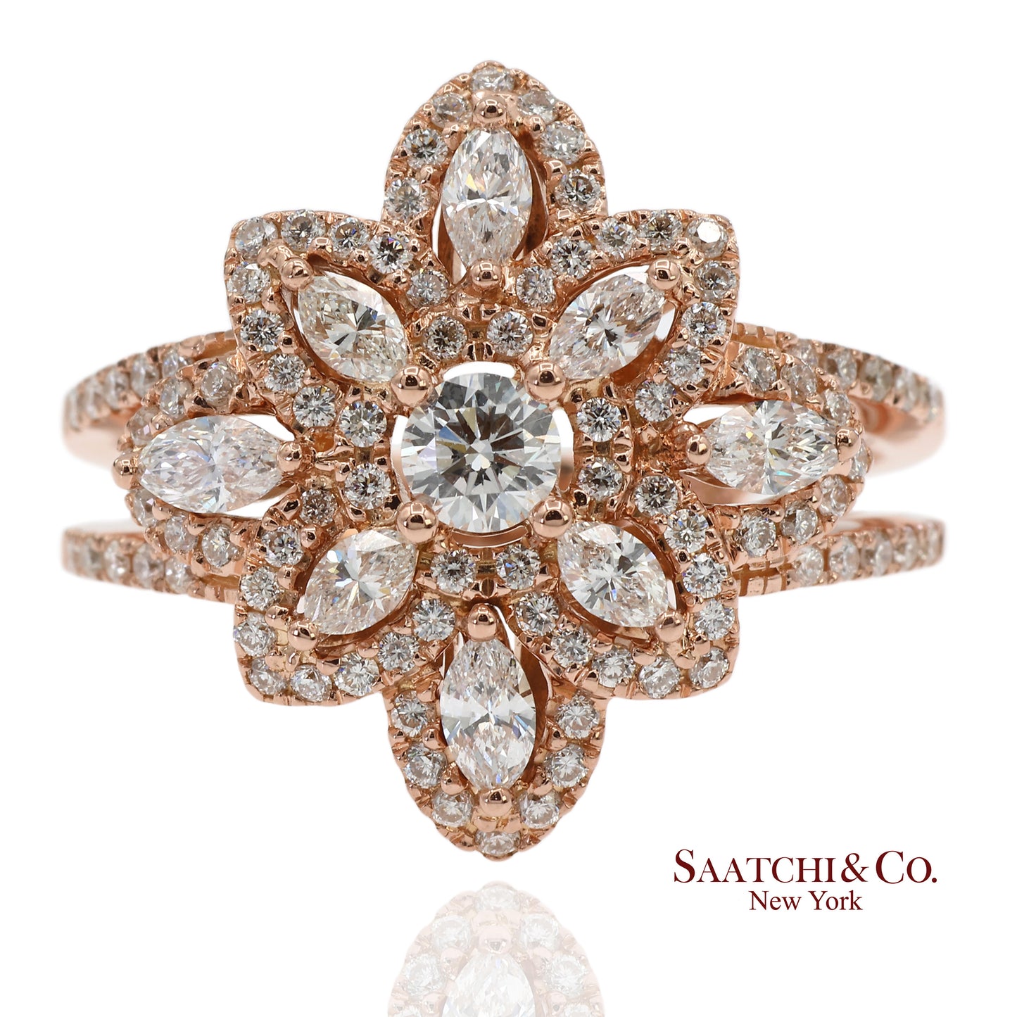 18K 750 Solid Rose Gold Floral Natural Diamond Ring