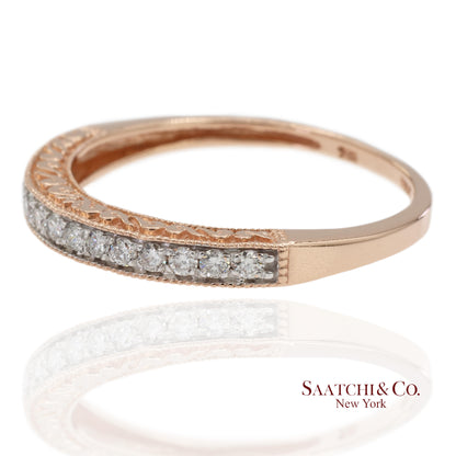 14K 585 Solid Rose Gold Engraving and Milgrain Natural Diamond Band Ring