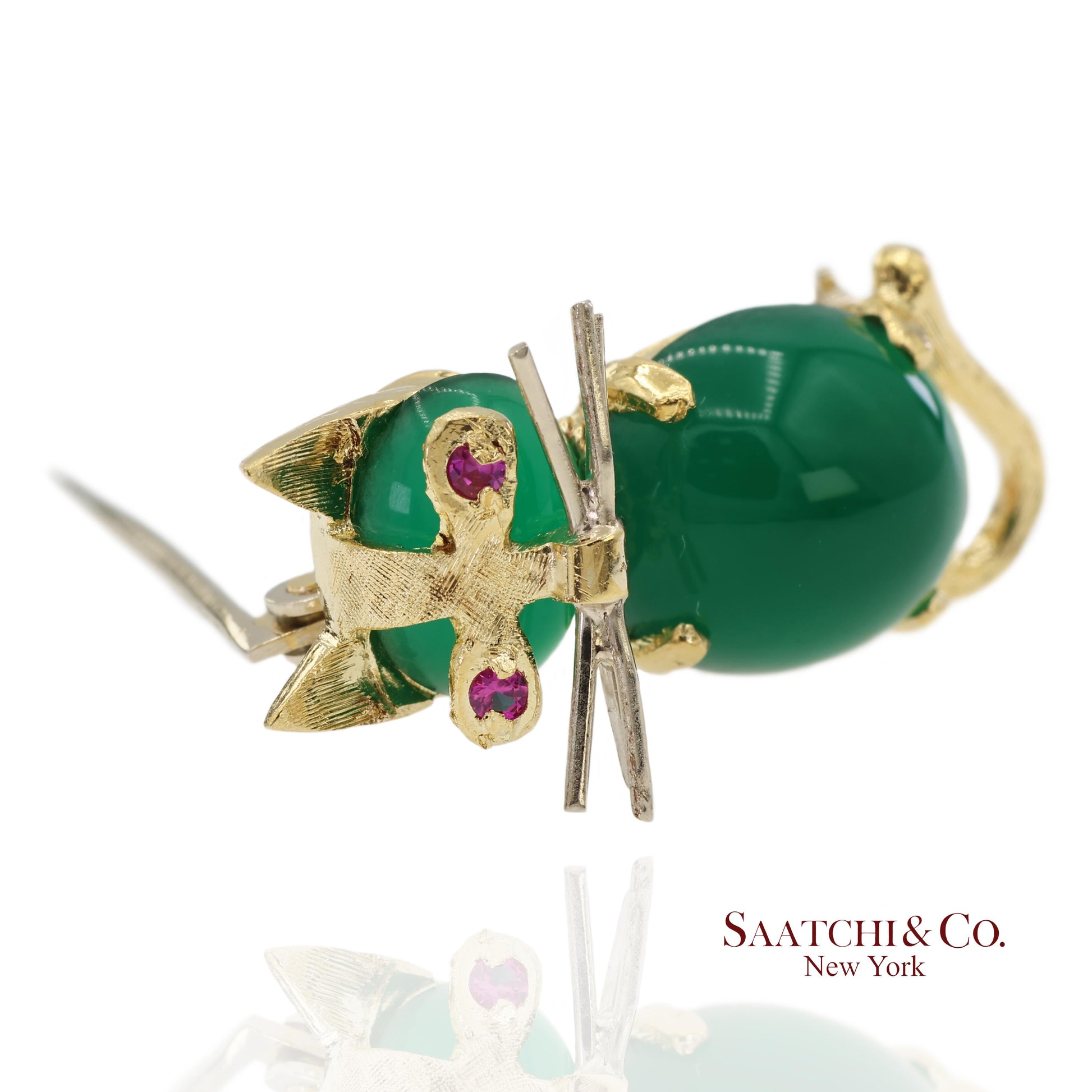 18K 750 Solid Yellow Gold Natural Ruby Eyes & Green Gemstones Cat Pin Brooch