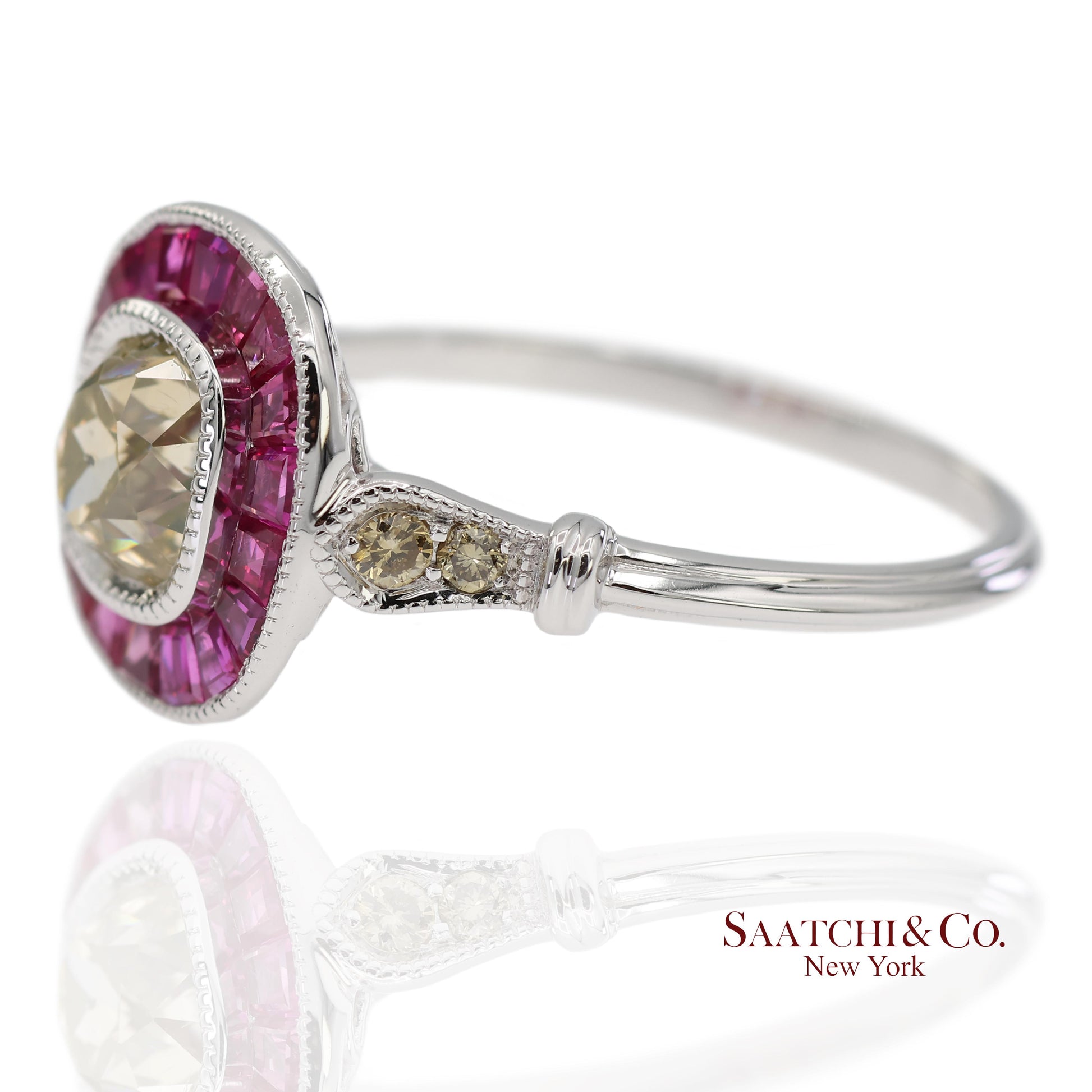 GIA Certified 18K 750 Solid White Gold Natural Diamond and Ruby Engagement Ring