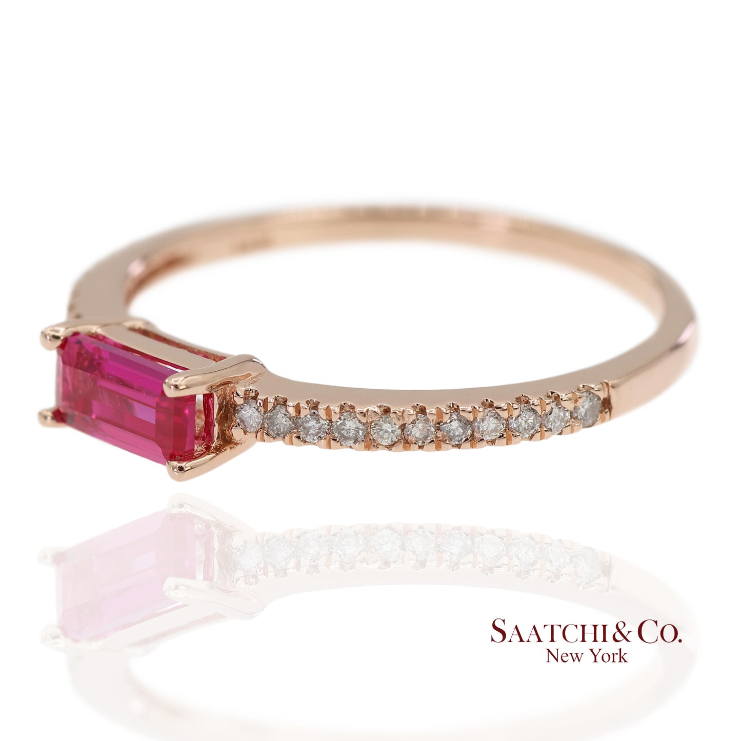 14K 585 Solid Rose Gold Pink Baguette Cut Stone and Natural Diamond Ring