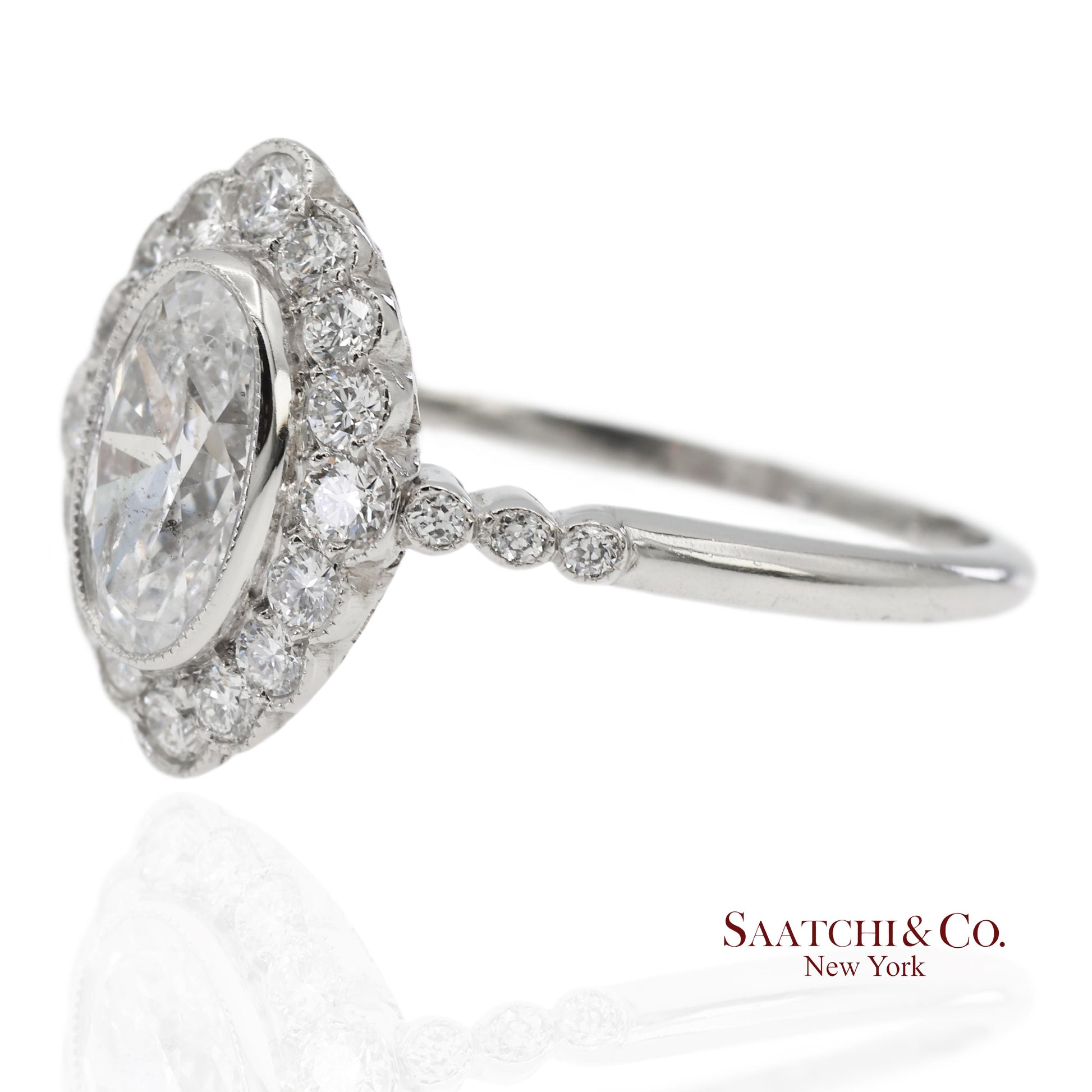 Vintage Platinum 900 Natural Diamond Milgrain Oval Shape Engagement Band Ring