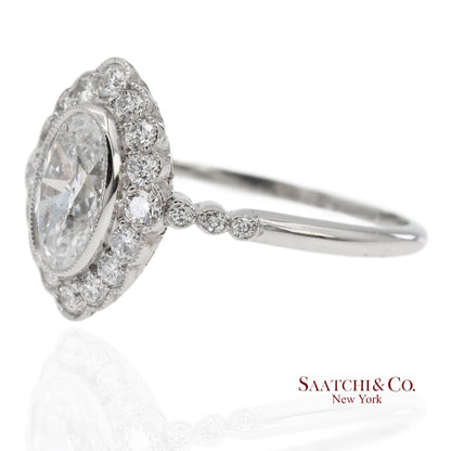 Vintage Platinum 900 Natural Diamond Milgrain Oval Shape Engagement Band Ring