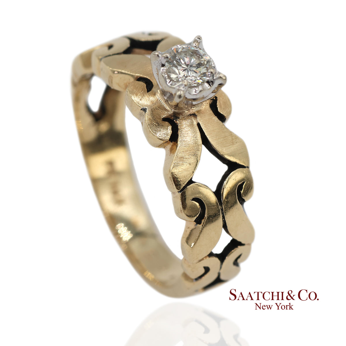 0.13 Ct Natural Diamond 14K Yellow Gold Openwork Scroll Design Ring