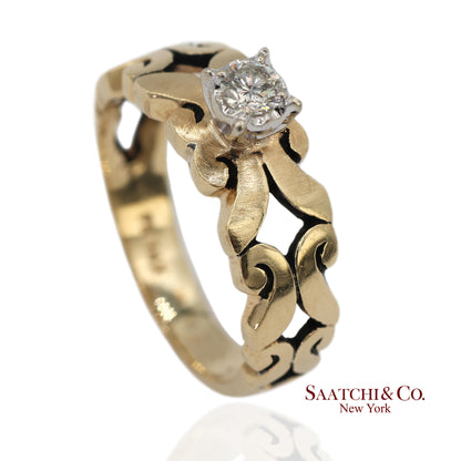 0.13 Ct Natural Diamond 14K Yellow Gold Openwork Scroll Design Ring