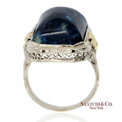 Vintage 14K Two Tone Yellow and White Gold Blue Stone Ornate Floral Motif Ring