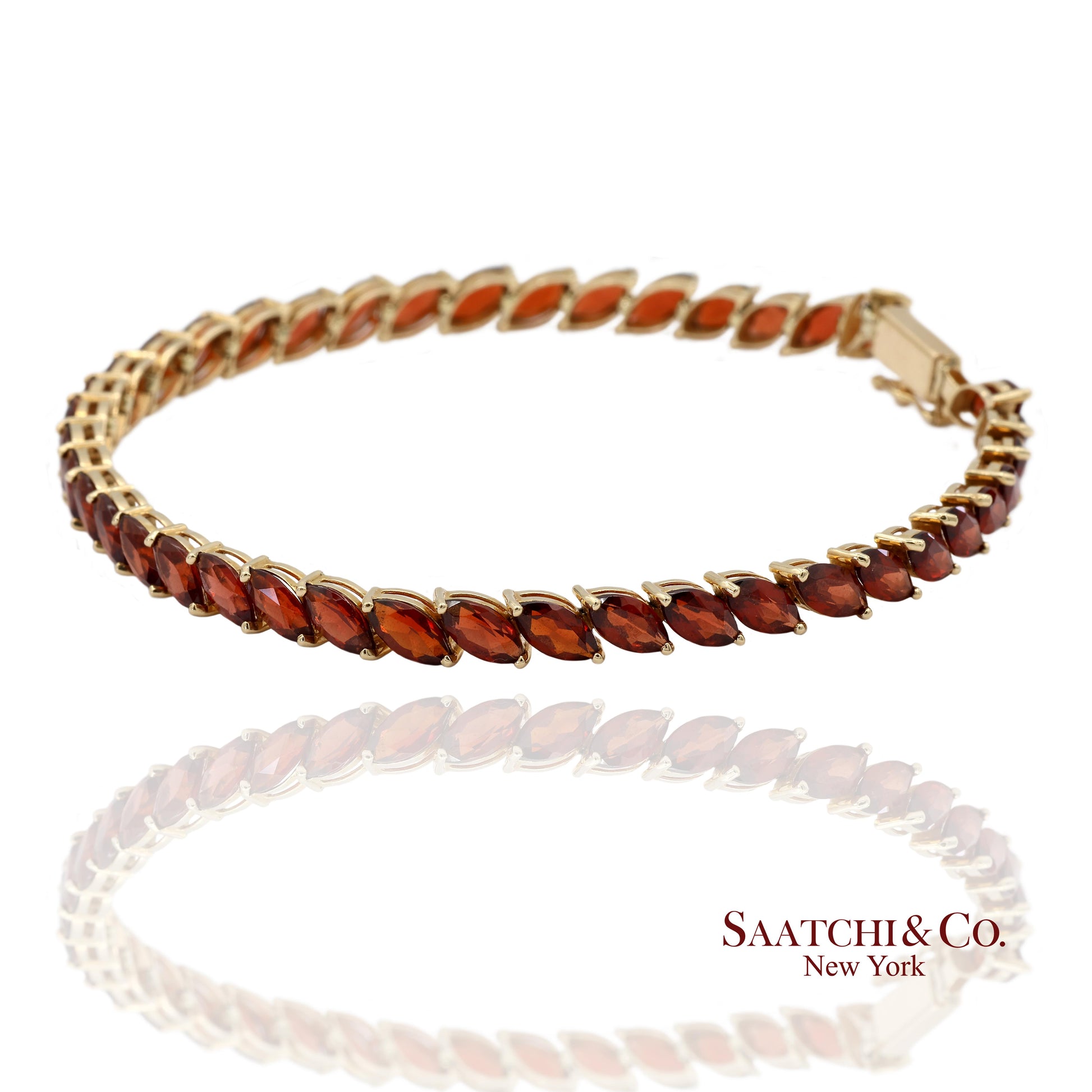Vintage 14K 585 Solid Yellow Gold Red Garnet Marquise Cut Tennis Bracelet