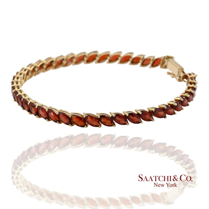 Vintage 14K 585 Solid Yellow Gold Red Garnet Marquise Cut Tennis Bracelet