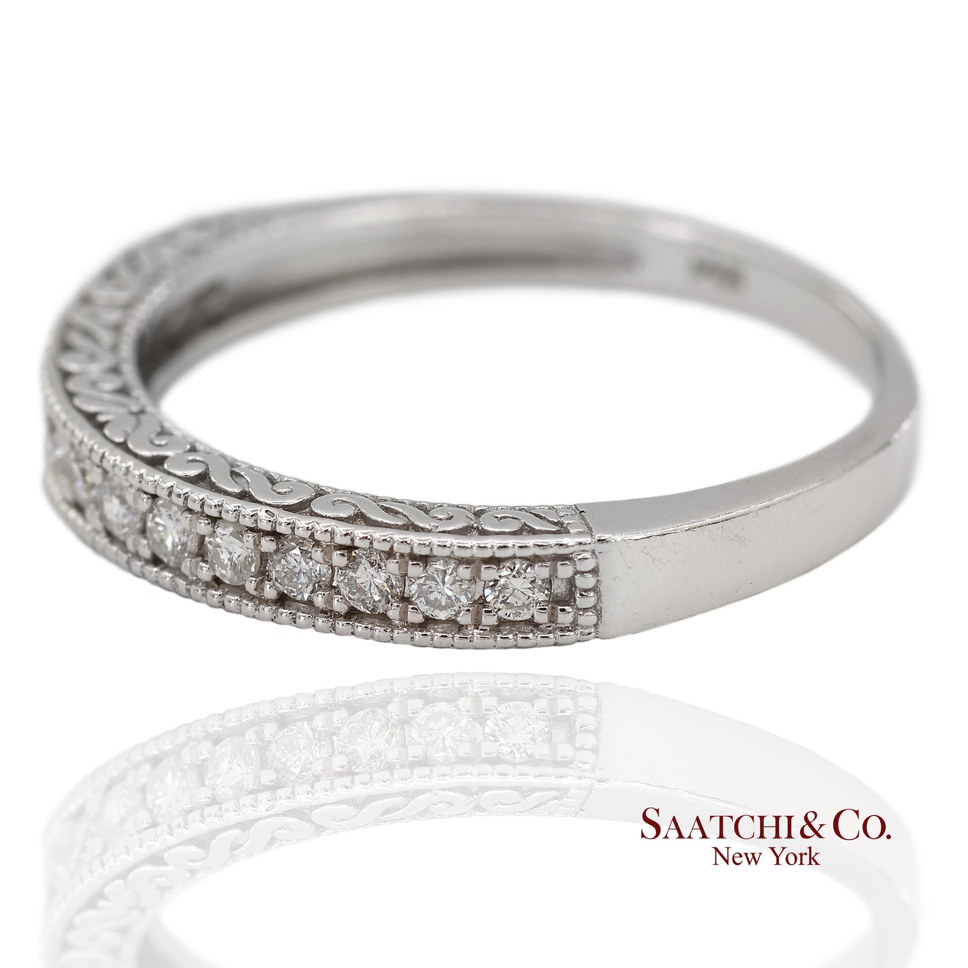 14K 585 Solid White Gold Side Engraving Milgrain Natural Diamond Band Ring