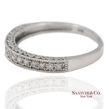 14K 585 Solid White Gold Side Engraving Milgrain Natural Diamond Band Ring