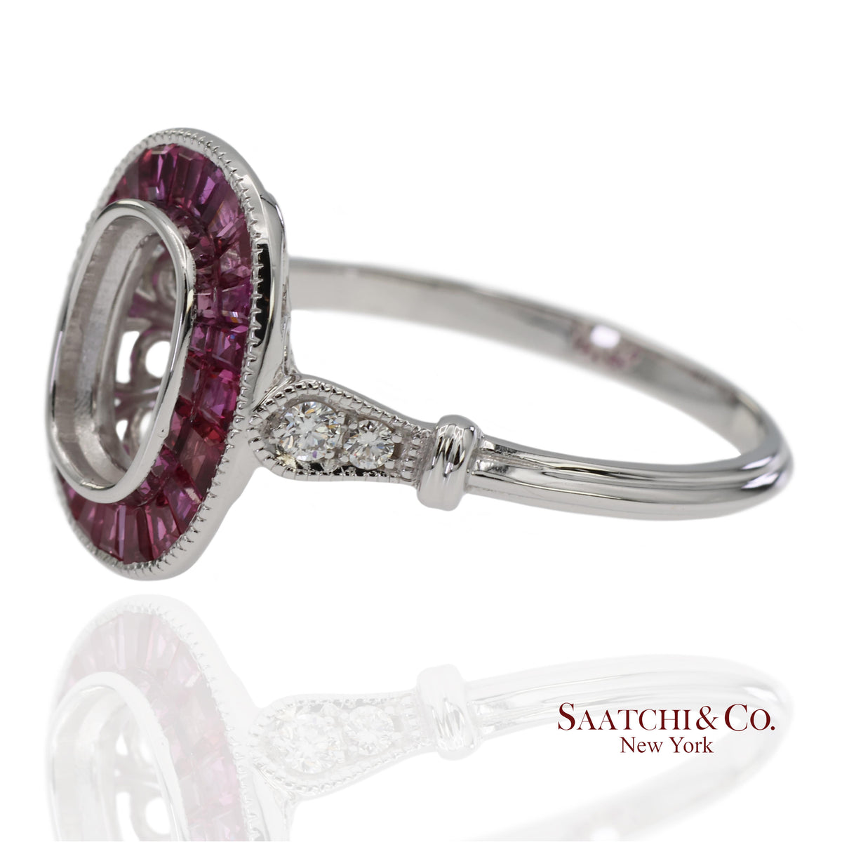 14K White Gold 0.10 ct Natural Diamond and 1.10 ct Natural Ruby Semi Mount Ring