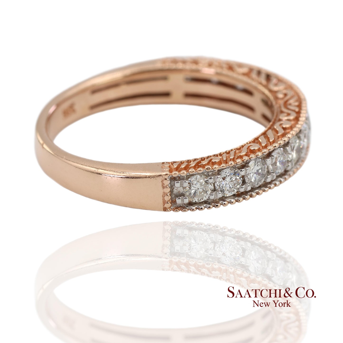 14K 585 Rose Gold Natural Diamond Milgrain Engraved Band Ring