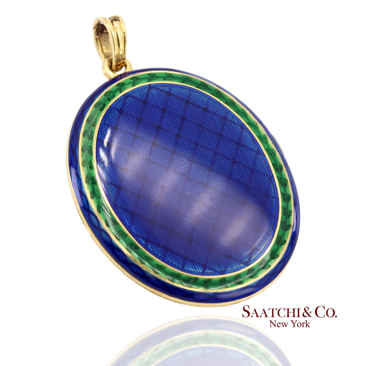 Vintage 18K 750 Yellow Gold Royal Blue & Green Enamel Locket Pendant Necklace
