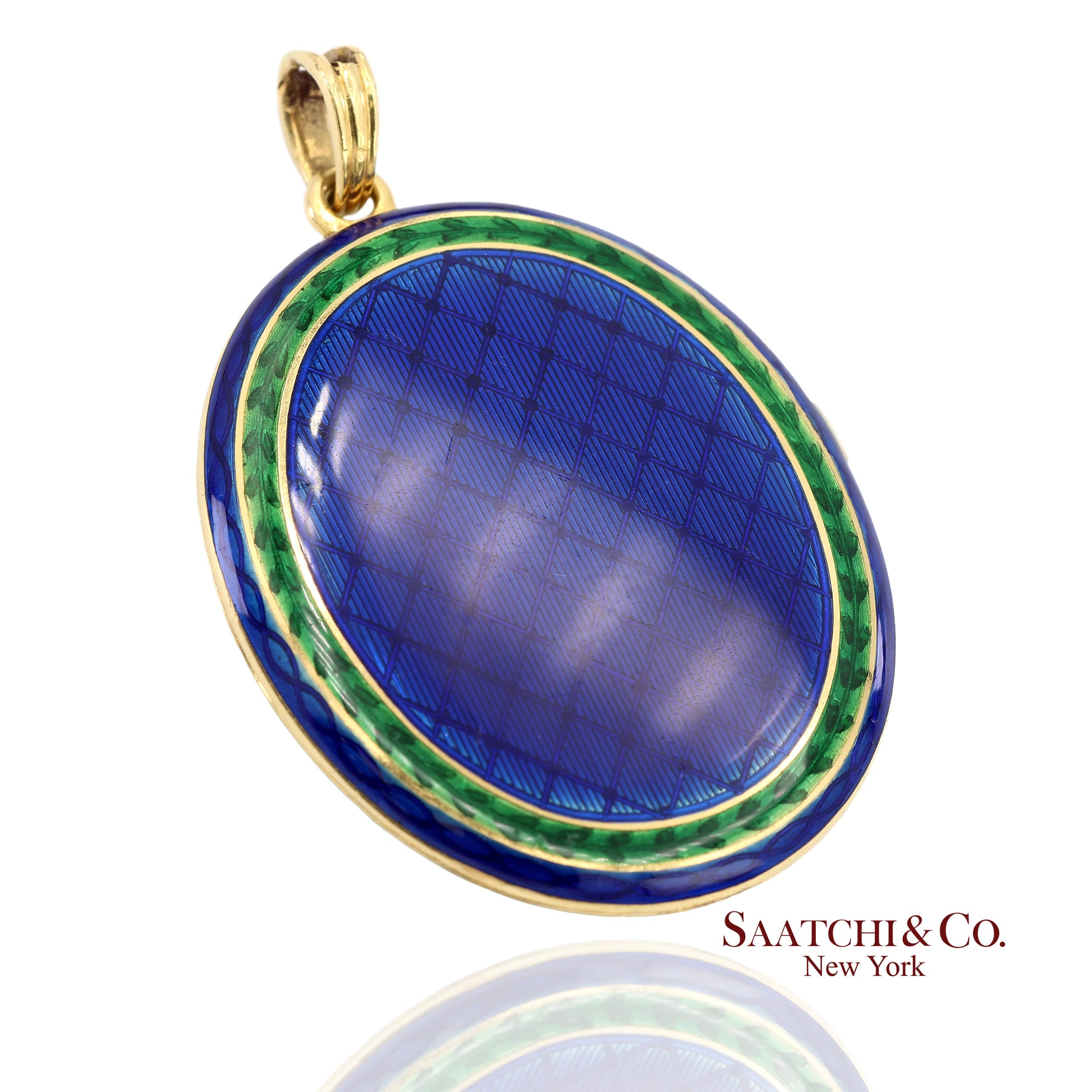 Vintage 18K 750 Yellow Gold Royal Blue & Green Enamel Locket Pendant Necklace