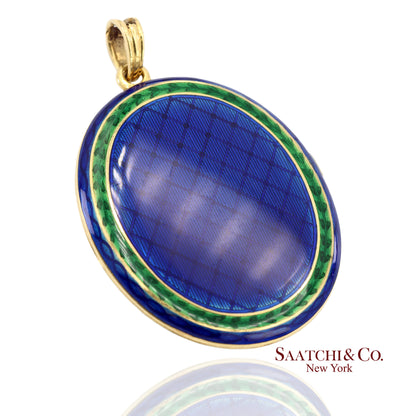 Vintage 18K 750 Yellow Gold Royal Blue & Green Enamel Locket Pendant Necklace