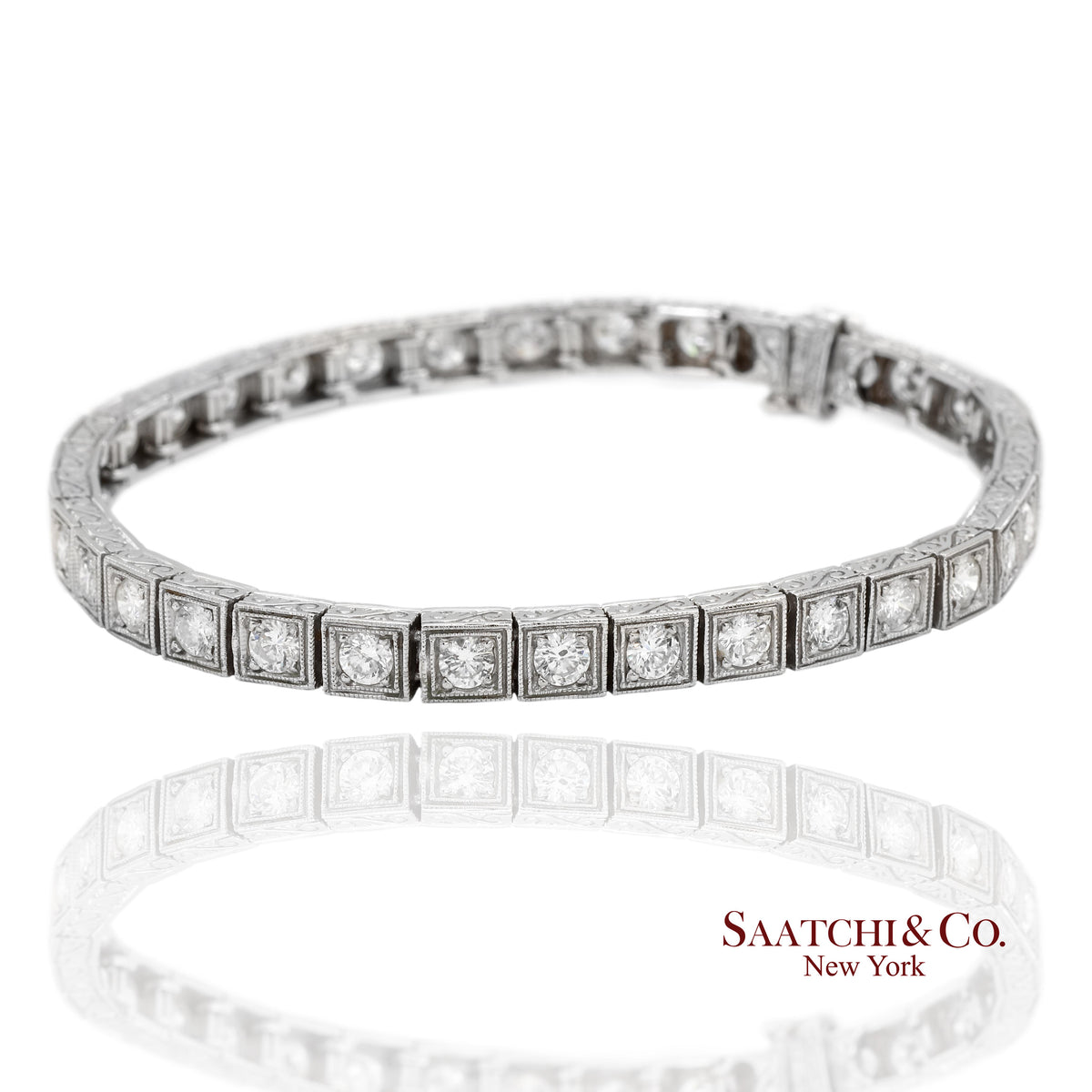 Vintage 18K 750 White Gold Natural Diamond Engraved & Milgrain Tennis Bracelet