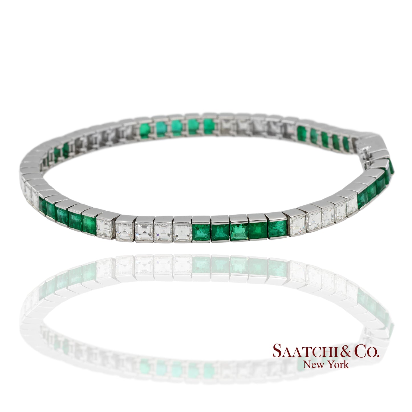 Platinum 950 Custom Made Natural Diamond and Emerald Bezel Tennis Bracelet