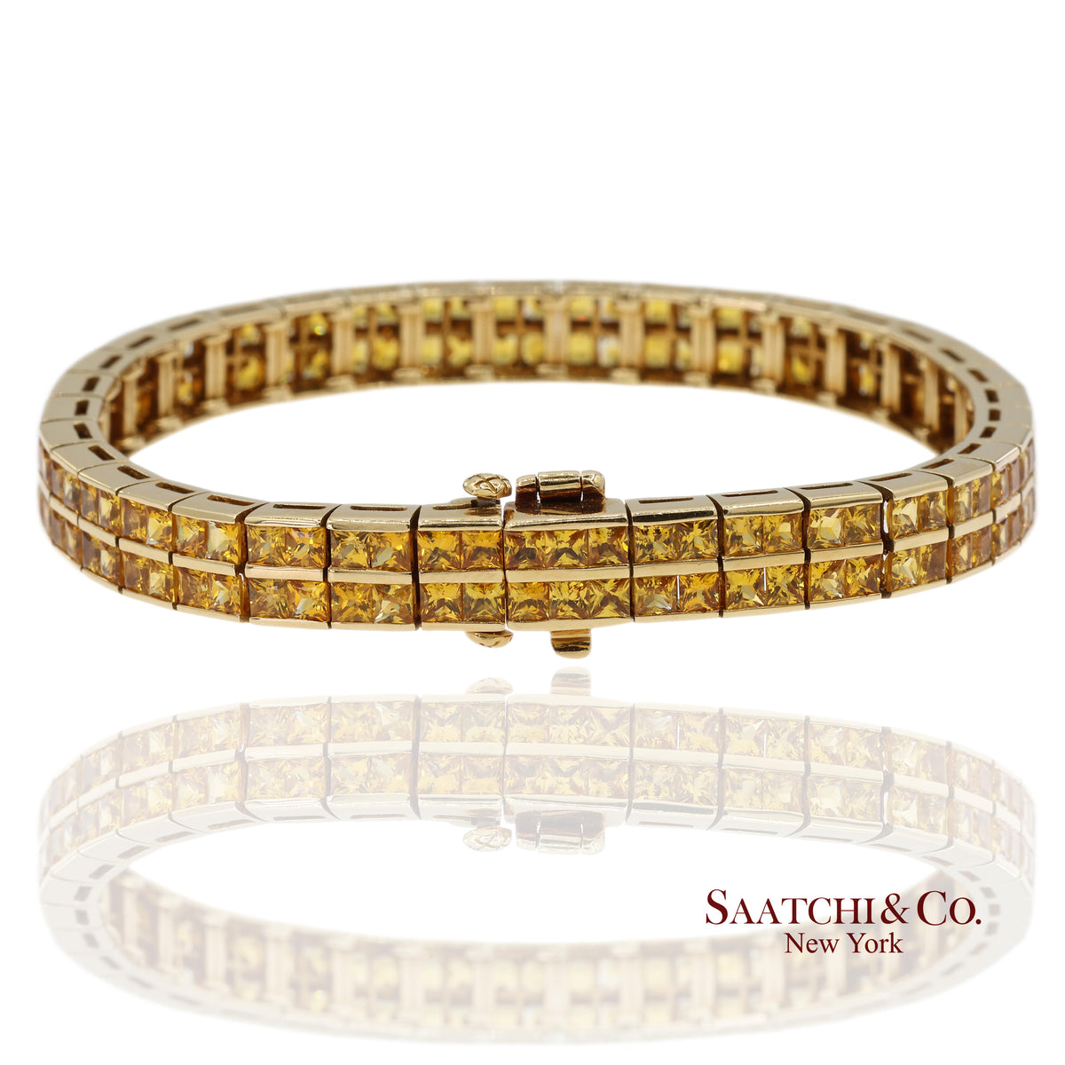 12.50 Ct Natural Yellow Sapphire Princess Cut Bracelet in 18K Yellow Gold