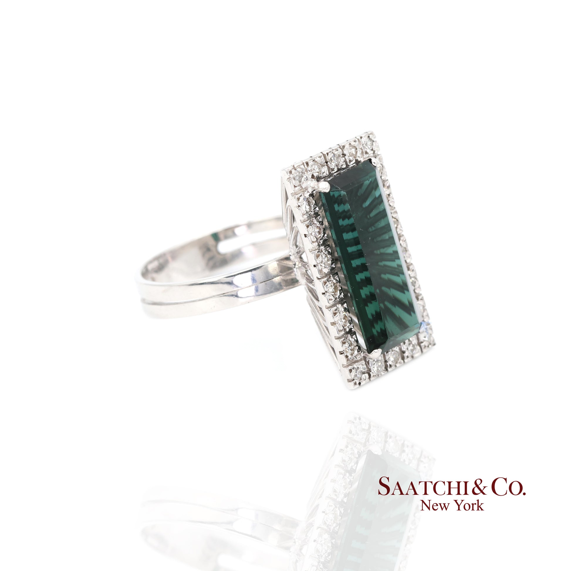Pt 900 Natural Green Tourmaline and Natural Diamond Ring