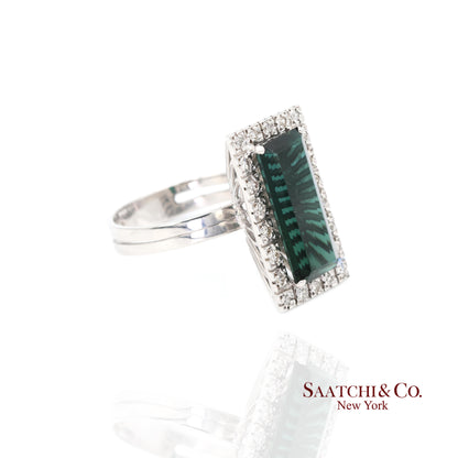 Pt 900 Natural Green Tourmaline and Natural Diamond Ring