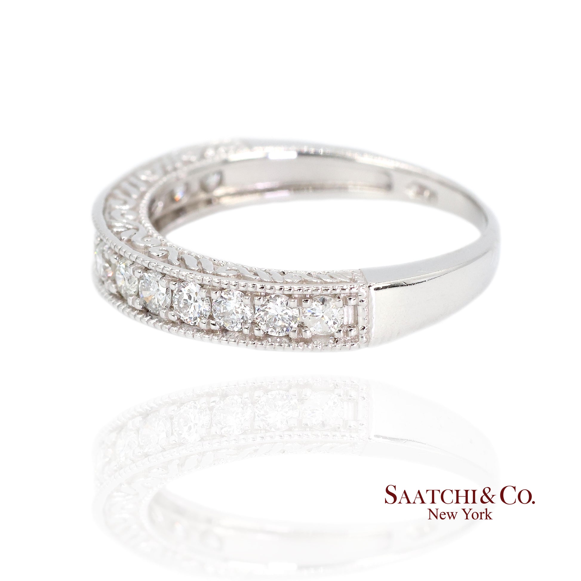 14k (585) White Gold Natural Diamond Engraved Band Ring